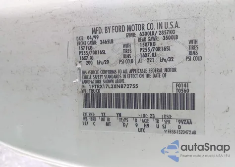 1999 Ford F-150 Lariat/Xl/Xlt из США, поврежденный, VIN 1FTRX17L3XNB72755